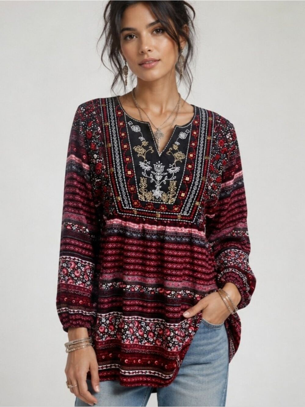Art and Soul Boho Embroidered Peasant Tunic Top | Burgundy Floral Print Small